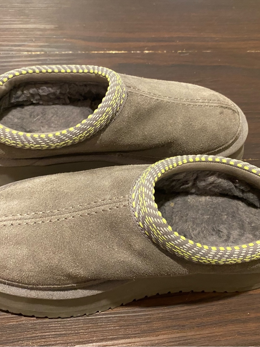 Koolaburra grey Suede Faux-Fur Lined Slip-On Mules with Yellow Trim